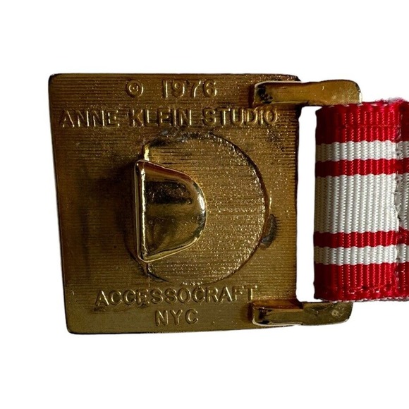 Vintage Anne Klein Studio NYC Gold Lion Buckle Womens Belt Red White 1976 main image 8